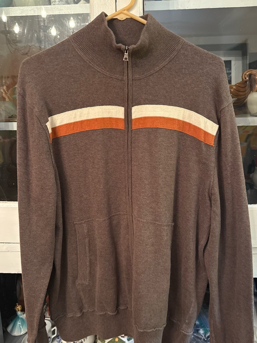 Banana Republic Brown Zip-Up Sweater with Orange and Cream Stripes